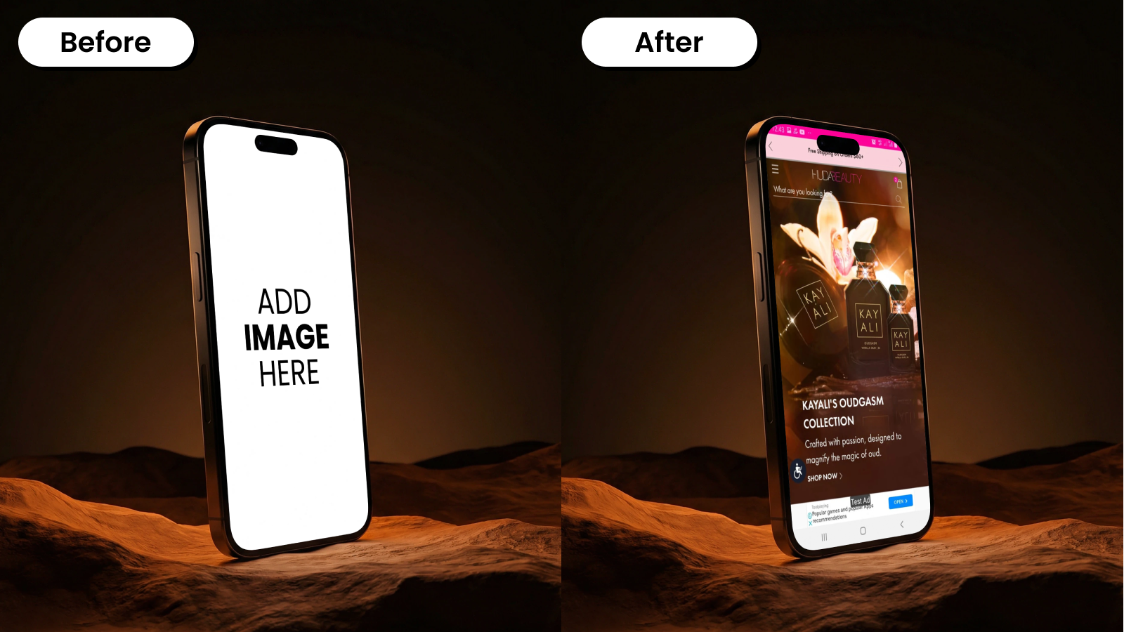 Before and after iPhone mockup on a sand-textured surface with a dark background and warm lighting.